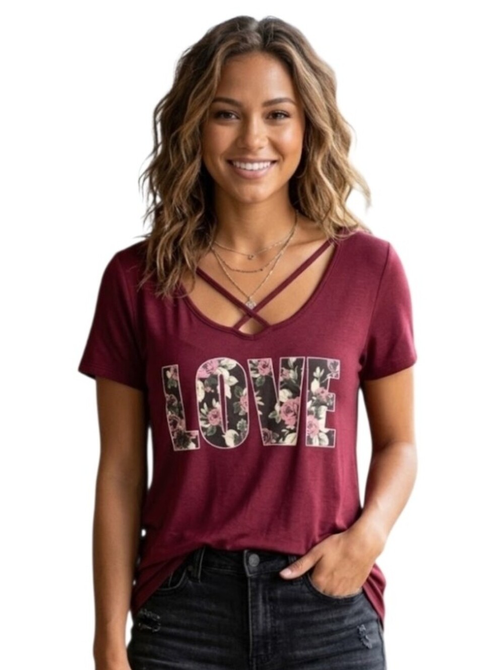 Sheila Rose Burgundy Criss Cross Love Top